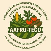 Marca da AAFRU-TEGO com milho, tomates, folhas e paisagem rural